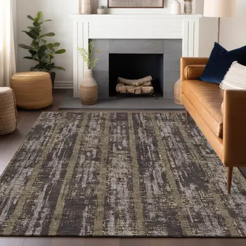 10' X 14' Chocolate And Beige Striped Washable Indoor Outdoor Area Rug