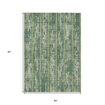 5' X 8' Green And Ivory Striped Washable Indoor Outdoor Area Rug
