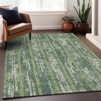 5' X 8' Green And Ivory Striped Washable Indoor Outdoor Area Rug