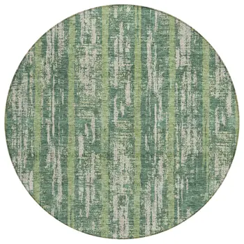 8' Green And Ivory Round Striped Washable Indoor Outdoor Area Rug