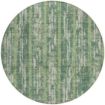 8' Green And Ivory Round Striped Washable Indoor Outdoor Area Rug