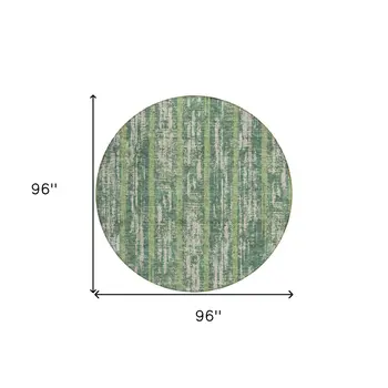 8' Green And Ivory Round Striped Washable Indoor Outdoor Area Rug
