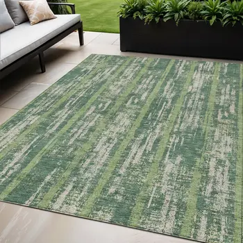 8' X 10' Green And Ivory Striped Washable Indoor Outdoor Area Rug