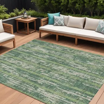10' X 14' Green And Ivory Striped Washable Indoor Outdoor Area Rug