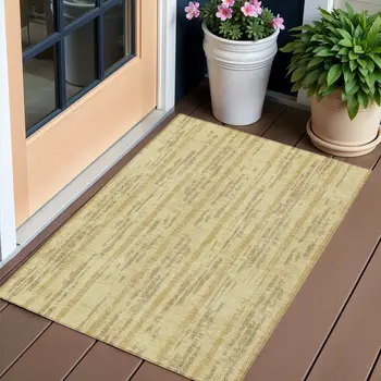 3' X 5' Gold And Brown Striped Washable Indoor Outdoor Area Rug