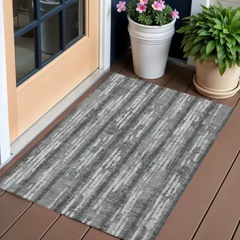 3' X 5' Gray And Ivory Striped Washable Indoor Outdoor Area Rug