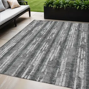 5' X 8' Gray And Ivory Striped Washable Indoor Outdoor Area Rug