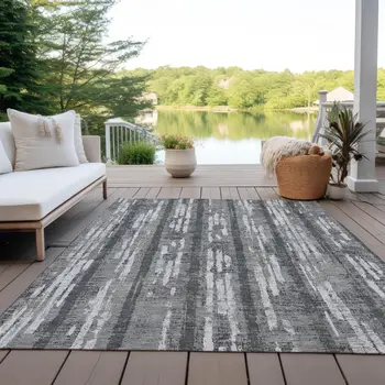 5' X 8' Gray And Ivory Striped Washable Indoor Outdoor Area Rug