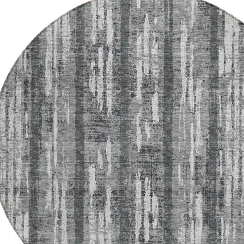 8' Gray And Ivory Round Striped Washable Indoor Outdoor Area Rug