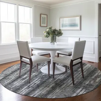 8' Gray And Ivory Round Striped Washable Indoor Outdoor Area Rug