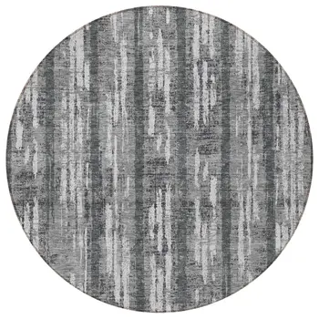 8' Gray And Ivory Round Striped Washable Indoor Outdoor Area Rug