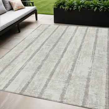 5' X 8' Ivory And Brown Striped Washable Indoor Outdoor Area Rug