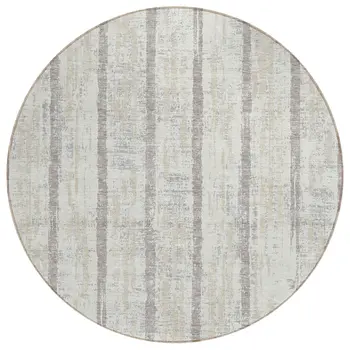 8' Ivory And Brown Round Striped Washable Indoor Outdoor Area Rug