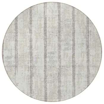 8' Ivory And Brown Round Striped Washable Indoor Outdoor Area Rug
