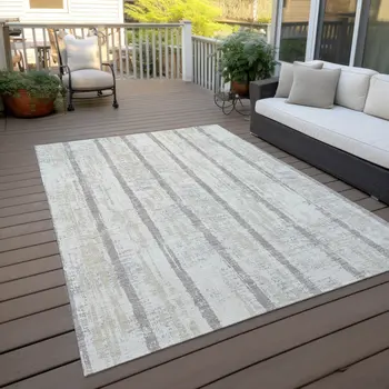 8' X 10' Ivory And Brown Striped Washable Indoor Outdoor Area Rug