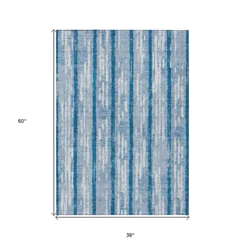 3' X 5' Navy Blue And Ivory Striped Washable Indoor Outdoor Area Rug