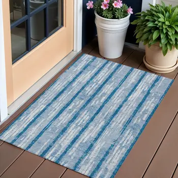 3' X 5' Navy Blue And Ivory Striped Washable Indoor Outdoor Area Rug