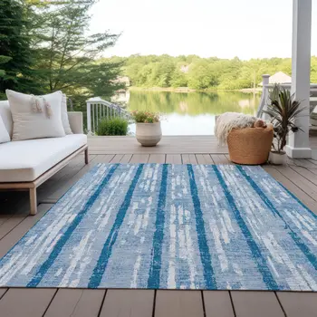3' X 5' Navy Blue And Ivory Striped Washable Indoor Outdoor Area Rug