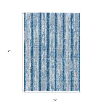 5' X 8' Navy Blue And Ivory Striped Washable Indoor Outdoor Area Rug
