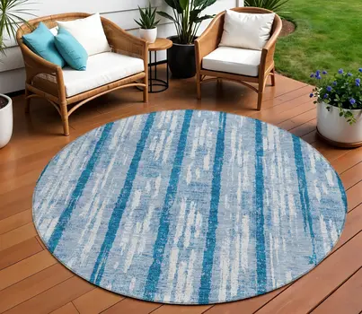 8' Navy Blue And Ivory Round Striped Washable Indoor Outdoor Area Rug