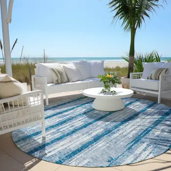 8' Navy Blue And Ivory Round Striped Washable Indoor Outdoor Area Rug