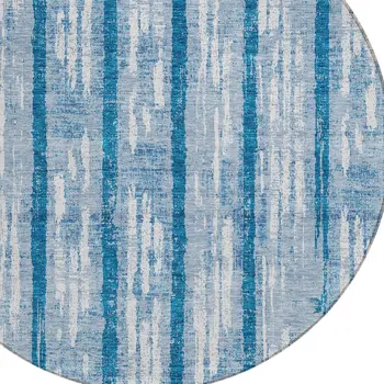8' Navy Blue And Ivory Round Striped Washable Indoor Outdoor Area Rug
