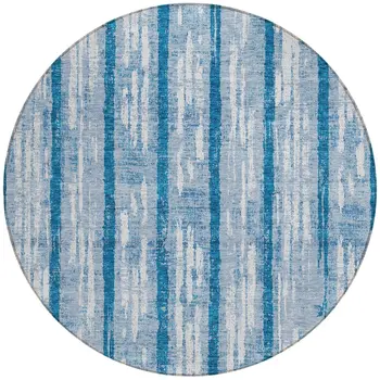 8' Navy Blue And Ivory Round Striped Washable Indoor Outdoor Area Rug