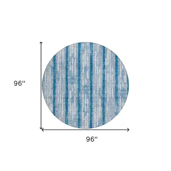 8' Navy Blue And Ivory Round Striped Washable Indoor Outdoor Area Rug