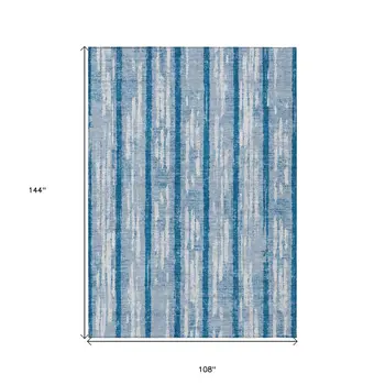 9' X 12' Navy Blue And Ivory Striped Washable Indoor Outdoor Area Rug