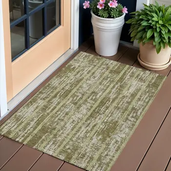 3' X 5' Olive Green Dark Green And Beige Striped Washable Indoor Outdoor Area Rug