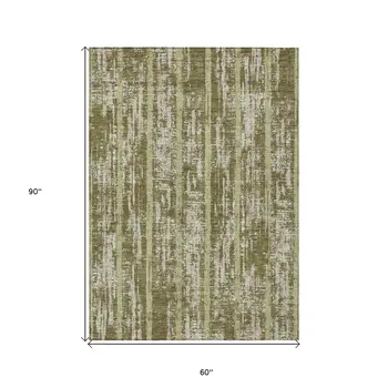5' X 8' Olive Green Dark Green And Beige Striped Washable Indoor Outdoor Area Rug