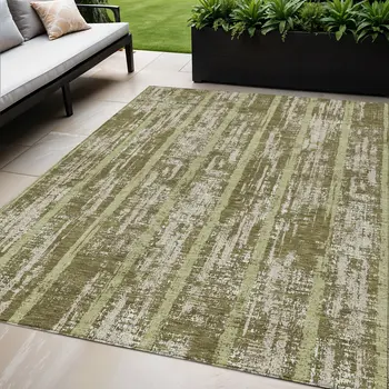 5' X 8' Olive Green Dark Green And Beige Striped Washable Indoor Outdoor Area Rug