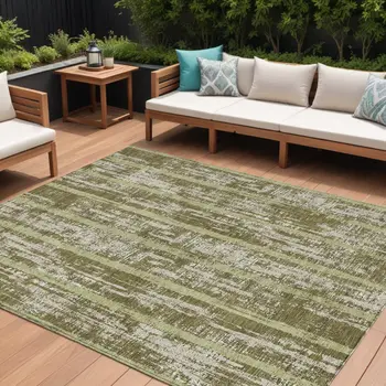 10' X 14' Olive Green Dark Green And Beige Striped Washable Indoor Outdoor Area Rug