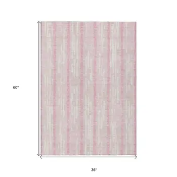 3' X 5' Pink And Ivory Striped Washable Indoor Outdoor Area Rug