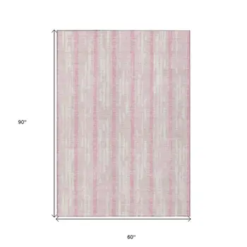 5' X 8' Pink And Ivory Striped Washable Indoor Outdoor Area Rug