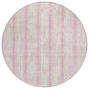 8' Pink And Ivory Round Striped Washable Indoor Outdoor Area Rug