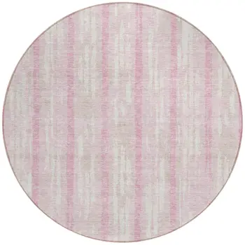 8' Pink And Ivory Round Striped Washable Indoor Outdoor Area Rug