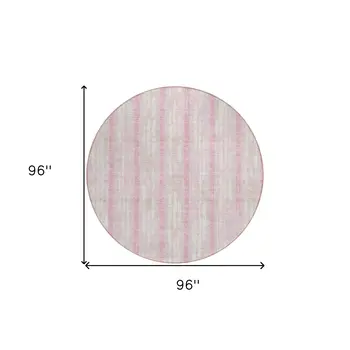 8' Pink And Ivory Round Striped Washable Indoor Outdoor Area Rug