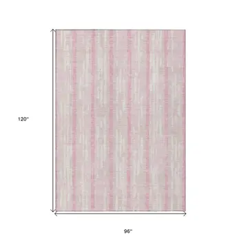 8' X 10' Pink And Ivory Striped Washable Indoor Outdoor Area Rug