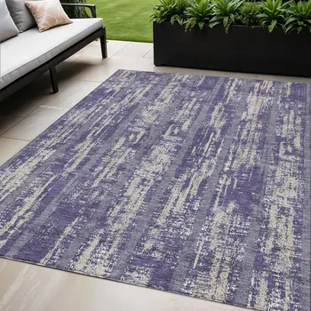 5' X 8' Purple Gray And Ivory Striped Washable Indoor Outdoor Area Rug