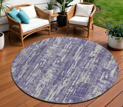 8' Purple Gray And Ivory Round Striped Washable Indoor Outdoor Area Rug
