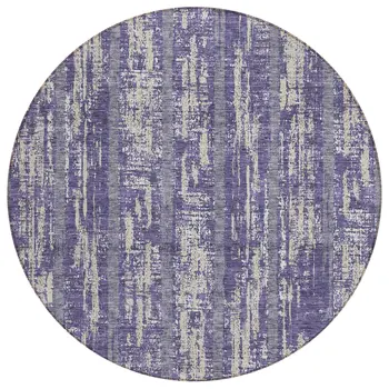 8' Purple Gray And Ivory Round Striped Washable Indoor Outdoor Area Rug
