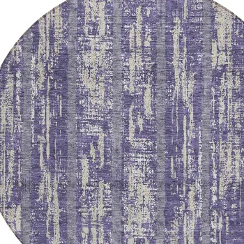 8' Purple Gray And Ivory Round Striped Washable Indoor Outdoor Area Rug