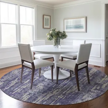 8' Purple Gray And Ivory Round Striped Washable Indoor Outdoor Area Rug