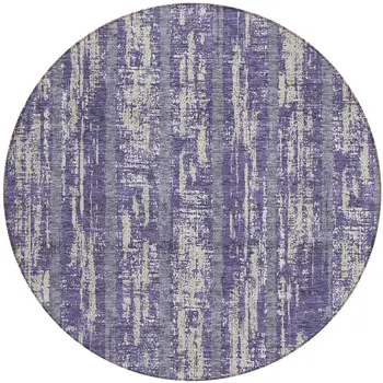 8' Purple Gray And Ivory Round Striped Washable Indoor Outdoor Area Rug
