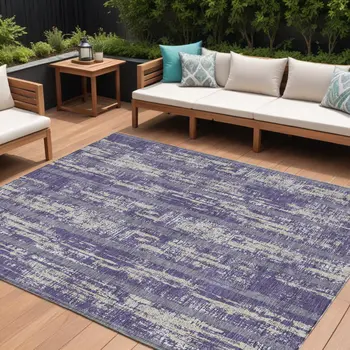 8' X 10' Purple Gray And Ivory Striped Washable Indoor Outdoor Area Rug
