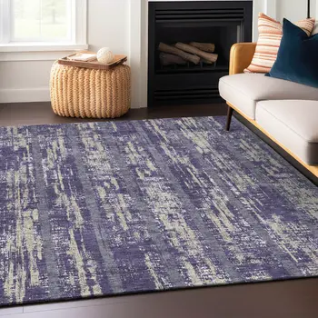 8' X 10' Purple Gray And Ivory Striped Washable Indoor Outdoor Area Rug