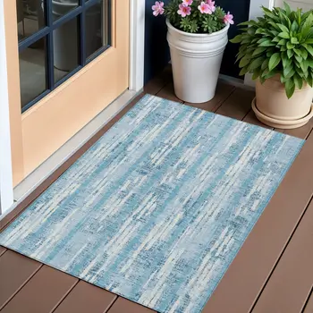 3' X 5' Sky Blue And Ivory Striped Washable Indoor Outdoor Area Rug
