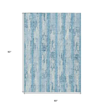5' X 8' Sky Blue And Ivory Striped Washable Indoor Outdoor Area Rug