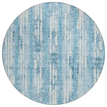 8' Sky Blue And Ivory Round Striped Washable Indoor Outdoor Area Rug